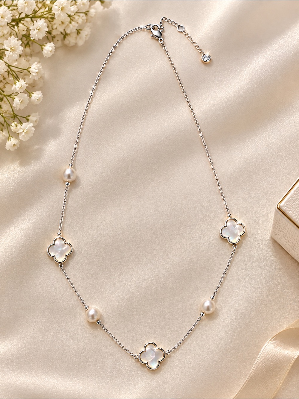Silver-Tone Mother-of-Pearl Clover & Pearl Necklace - White